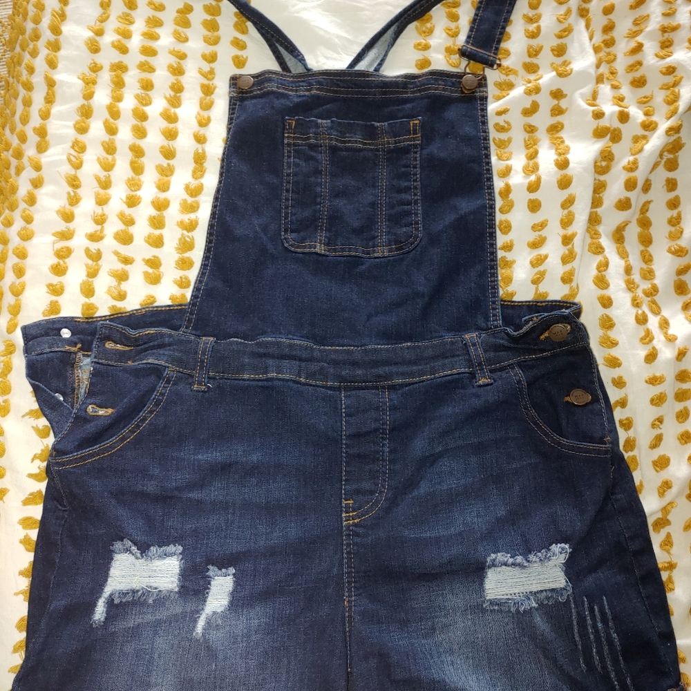 1x dark denim short overalls